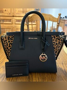NWOT Michael Kors Black Leather Satchel with Leopard Print Set